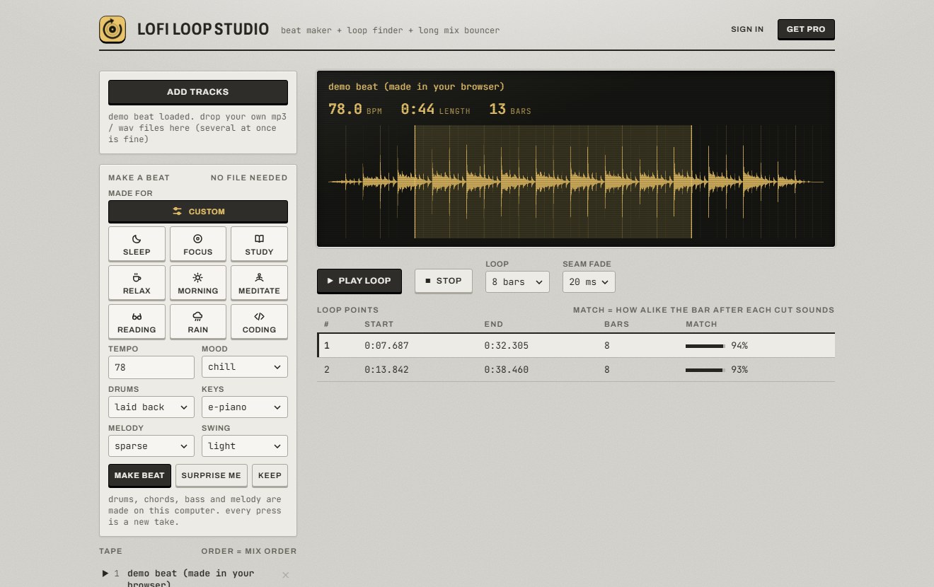 The Lofi Loop Studio: a beat maker on the left, the waveform of a beat at 78 bpm with an 8 bar loop highlighted, and the list of loop points
